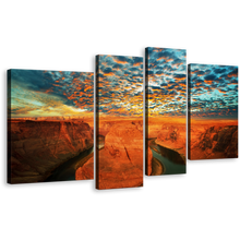 Load image into Gallery viewer, Arizona Desert Canvas Wall Art, Cloudy Green Sky Colorado River 4 Piece Multi Canvas, Horseshoe Bend Brown Desert Canvas Set, Grand Canyon National Park Canvas Print
