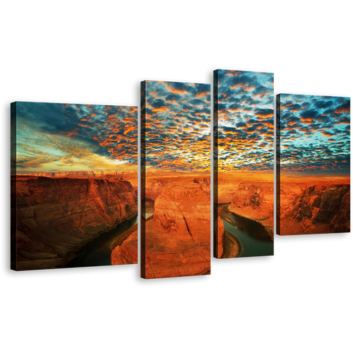 Arizona Desert Canvas Wall Art, Cloudy Green Sky Colorado River 4 Piece Multi Canvas, Horseshoe Bend Brown Desert Canvas Set, Grand Canyon National Park Canvas Print