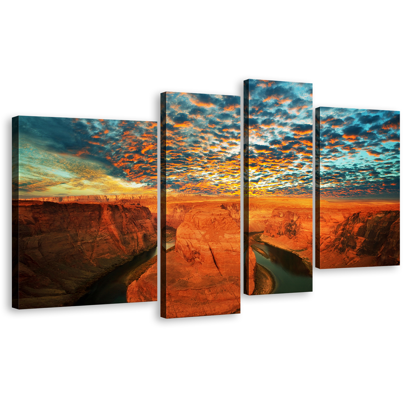 Arizona Desert Canvas Wall Art, Cloudy Green Sky Colorado River 4 Piece Multi Canvas, Horseshoe Bend Brown Desert Canvas Set, Grand Canyon National Park Canvas Print