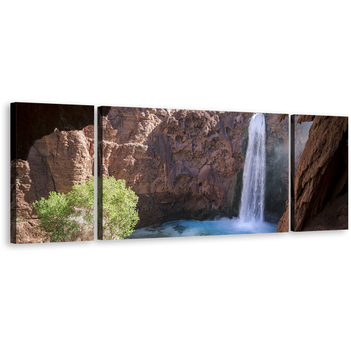 Arizona Waterfall Canvas Print, Brown Grand Canyon Waterfall 3 Piece Canvas Wall Art, White Mooney Falls Waterfall Multiple Canvas