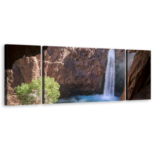 Arizona Waterfall Canvas Print, Brown Grand Canyon Waterfall 3 Piece Canvas Wall Art, White Mooney Falls Waterfall Multiple Canvas