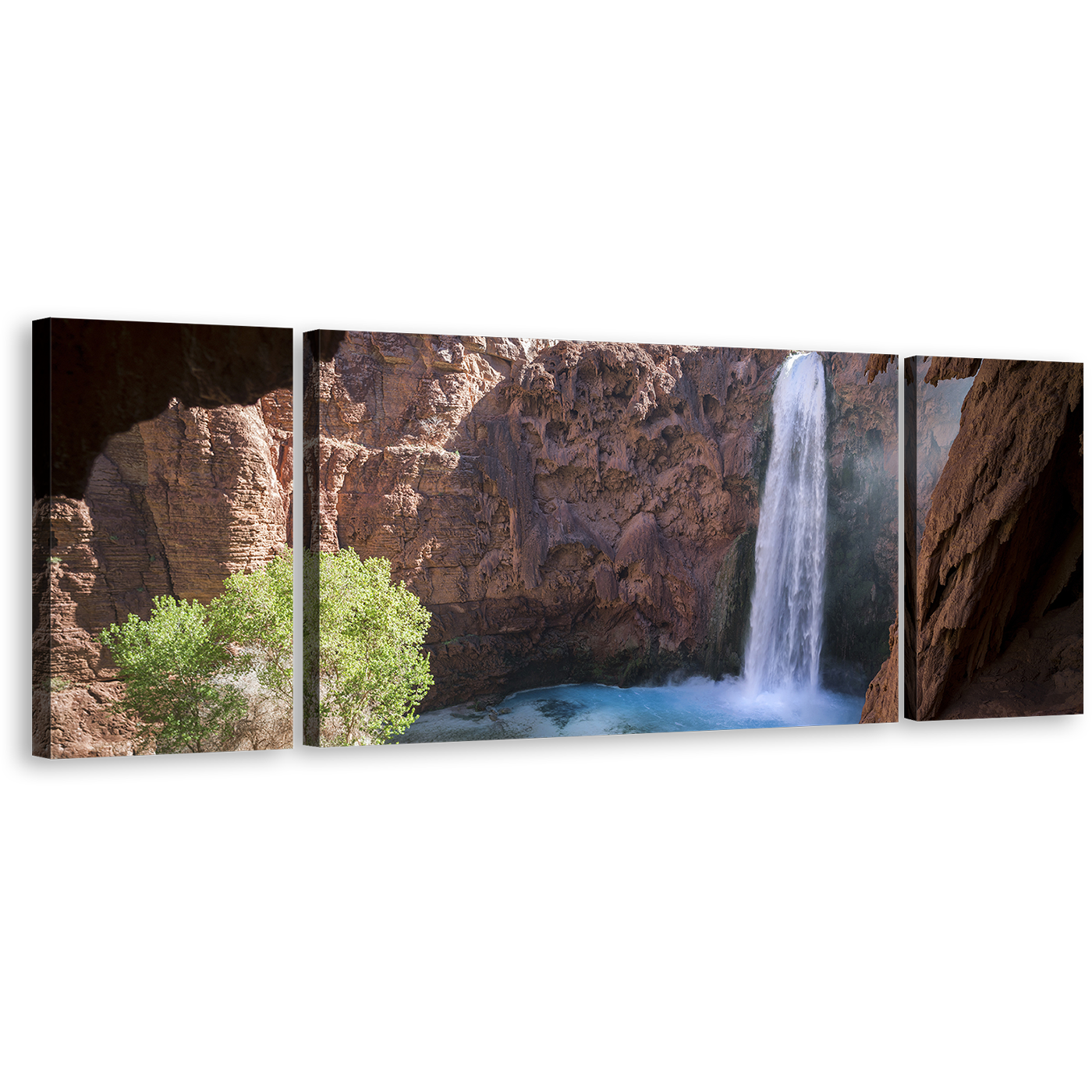 Arizona Waterfall Canvas Print, Brown Grand Canyon Waterfall 3 Piece Canvas Wall Art, White Mooney Falls Waterfall Multiple Canvas