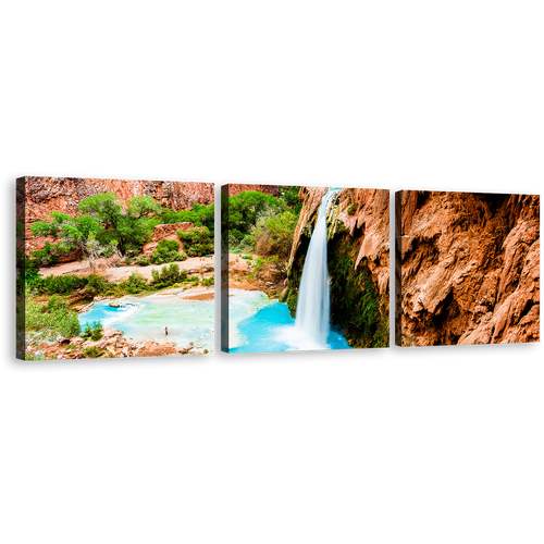 Arizona Waterfall Canvas Wall Art, Blue Grand Canyon Waterfall 3 Piece Multi Canvas Artwork, Brown Rock Havasu Falls Canvas Set