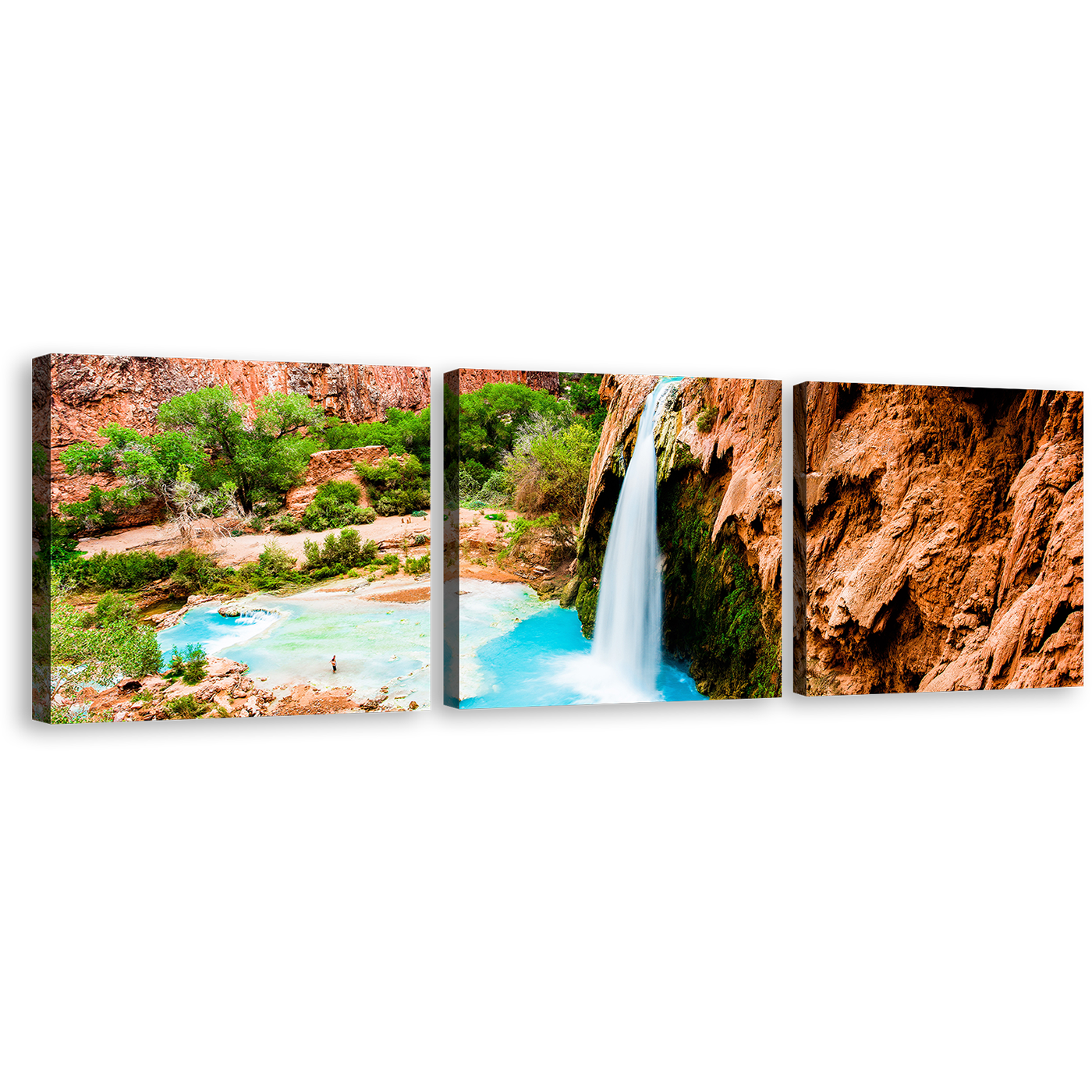 Arizona Waterfall Canvas Wall Art, Blue Grand Canyon Waterfall 3 Piece Multi Canvas Artwork, Brown Rock Havasu Falls Canvas Set