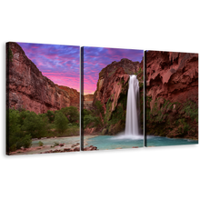 Load image into Gallery viewer, Arizona Waterfall Canvas Wall Art, Green Trees Grand Canyon Waterfall 3 Piece Canvas Set, Brown Mountain Havasu Falls Canvas Print
