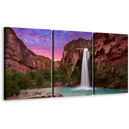 Arizona Waterfall Canvas Wall Art, Green Trees Grand Canyon Waterfall 3 Piece Canvas Set, Brown Mountain Havasu Falls Canvas Print