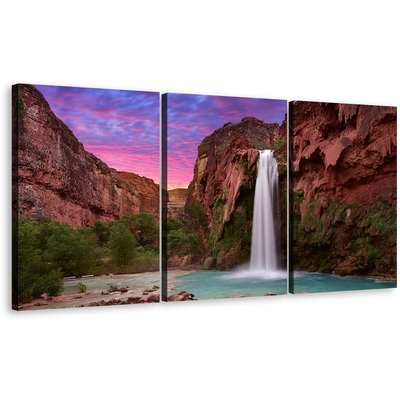 Arizona Waterfall Canvas Wall Art, Green Trees Grand Canyon Waterfall 3 Piece Canvas Set, Brown Mountain Havasu Falls Canvas Print