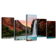 Load image into Gallery viewer, Arizona Waterfall Canvas Wall Art, Green Trees Havasu Falls 5 Piece Canvas Set, Brown Grand Canyon Waterfall Canvas Print
