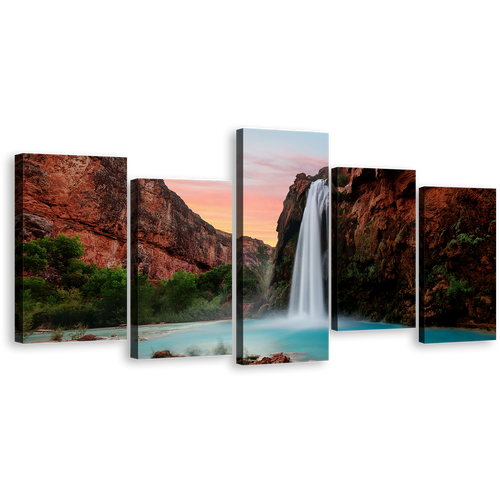 Arizona Waterfall Canvas Wall Art, Green Trees Havasu Falls 5 Piece Canvas Set, Brown Grand Canyon Waterfall Canvas Print