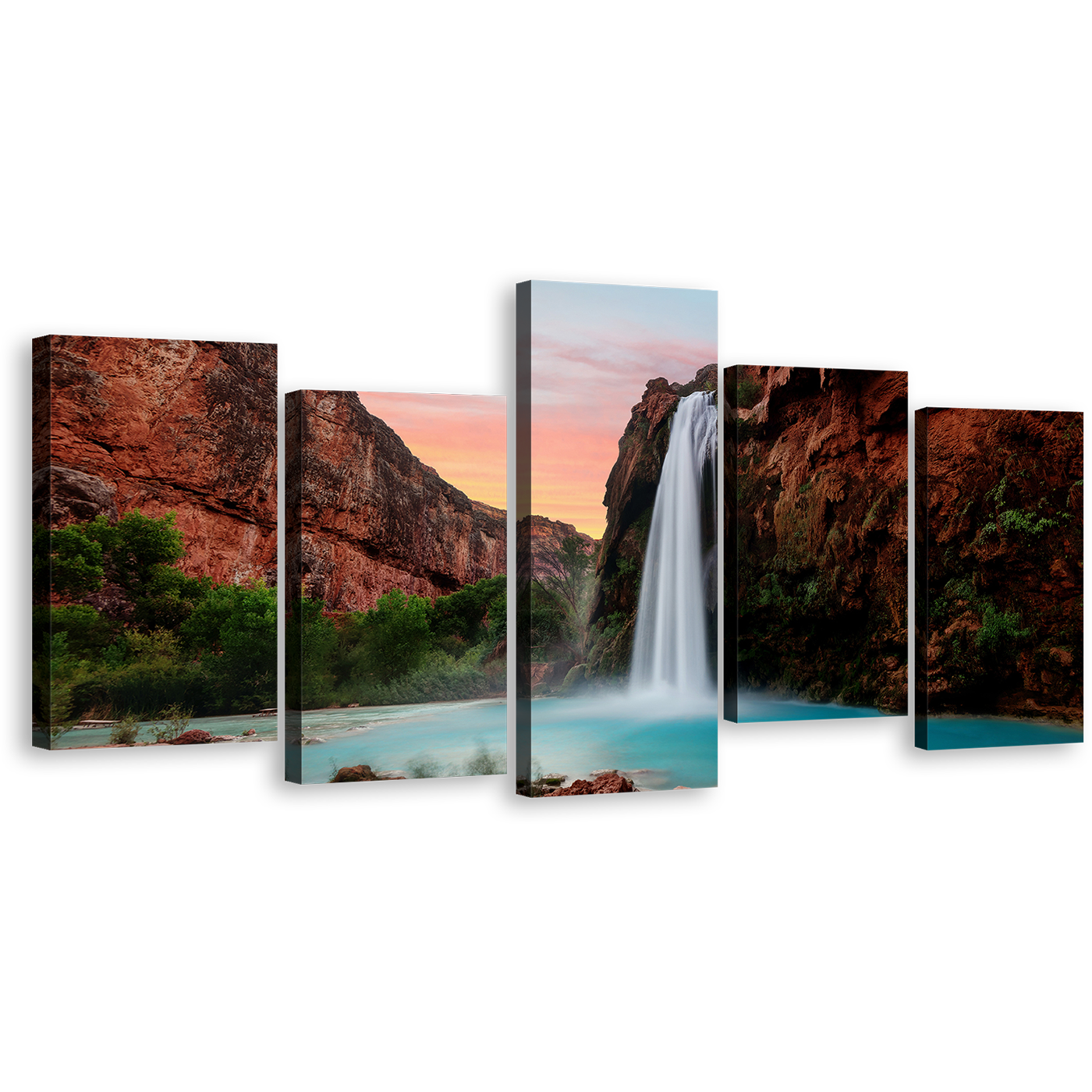 Arizona Waterfall Canvas Wall Art, Green Trees Havasu Falls 5 Piece Canvas Set, Brown Grand Canyon Waterfall Canvas Print