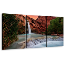 Load image into Gallery viewer, Arizona Waterfall Canvas Wall Art, White Havasu Falls 3 Piece Canvas Set, Brown Grand Canyon Waterfall Nature Triptych Canvas Print
