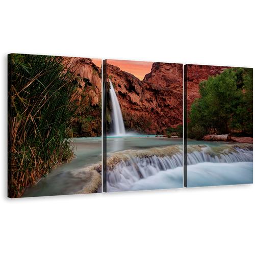 Arizona Waterfall Canvas Wall Art, White Havasu Falls 3 Piece Canvas Set, Brown Grand Canyon Waterfall Nature Triptych Canvas Print