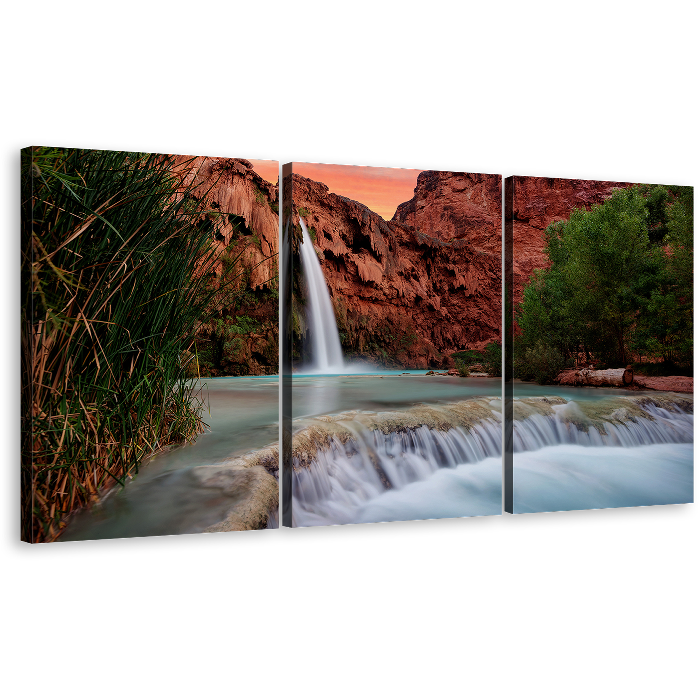 Arizona Waterfall Canvas Wall Art, White Havasu Falls 3 Piece Canvas Set, Brown Grand Canyon Waterfall Nature Triptych Canvas Print