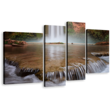 Load image into Gallery viewer, Arizona Waterfall Canvas Wall Art, White Turquoise Rainforest Waterfall Canvas Print, Beautiful Brown Canyon Mooney Falls 4 Piece Canvas Set
