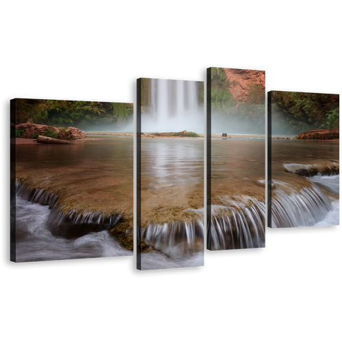 Arizona Waterfall Canvas Wall Art, White Turquoise Rainforest Waterfall Canvas Print, Beautiful Brown Canyon Mooney Falls 4 Piece Canvas Set