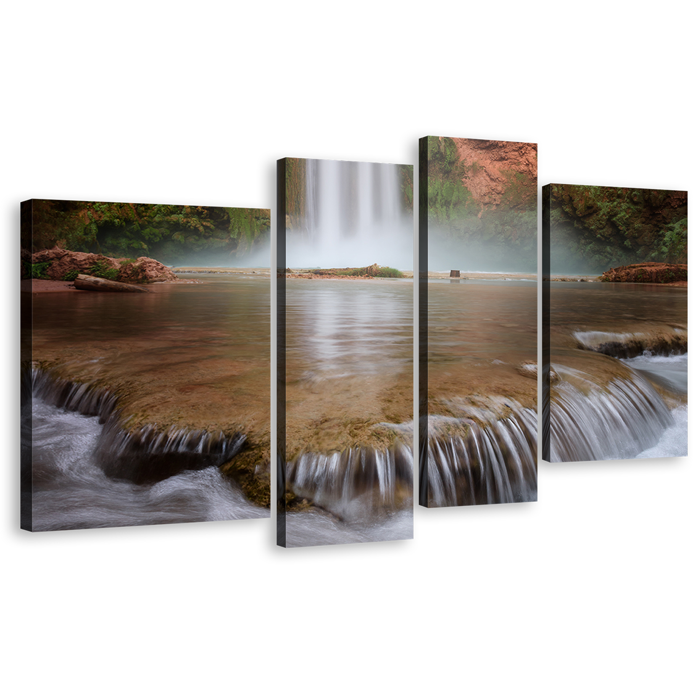 Arizona Waterfall Canvas Wall Art, White Turquoise Rainforest Waterfall Canvas Print, Beautiful Brown Canyon Mooney Falls 4 Piece Canvas Set