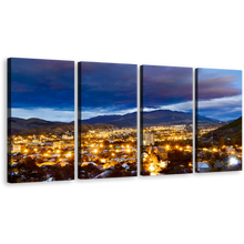 Load image into Gallery viewer, Armenia Mountains Canvas Wall Art, Blue Vanadzor Skyline City Mountains Canvas Print, Beautiful Yellow Night Street Lights 4 Piece Multiple Canvas
