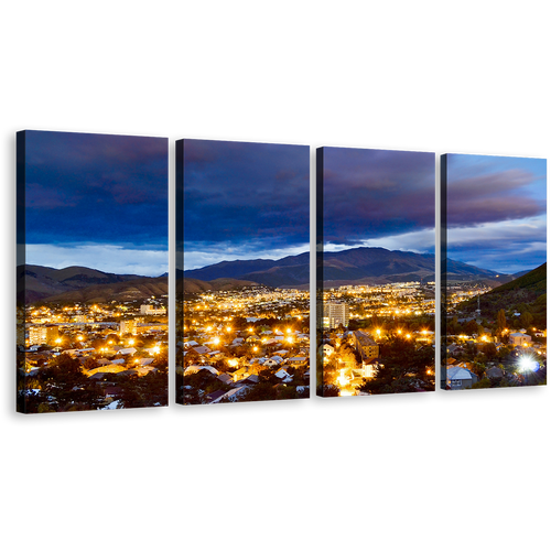 Armenia Mountains Canvas Wall Art, Blue Vanadzor Skyline City Mountains Canvas Print, Beautiful Yellow Night Street Lights 4 Piece Multiple Canvas