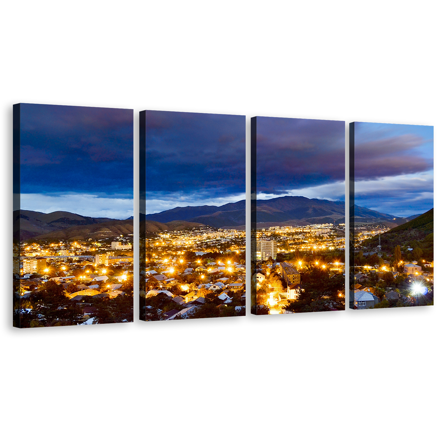 Armenia Mountains Canvas Wall Art, Blue Vanadzor Skyline City Mountains Canvas Print, Beautiful Yellow Night Street Lights 4 Piece Multiple Canvas