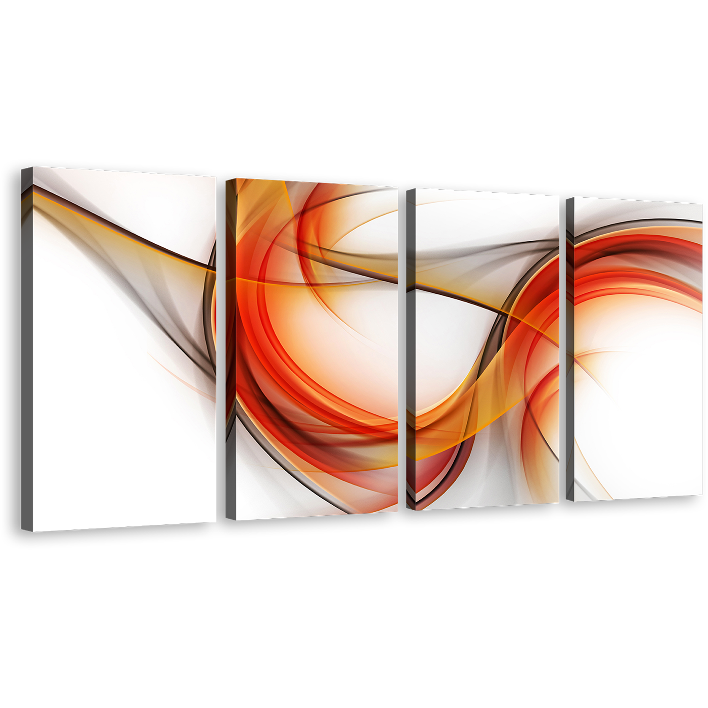 Artistic Abstract Canvas Wall Art, Orange Red Fractal Waves Design 4 Piece Canvas Print, Graphic Abstract Multi Canvas Artwork