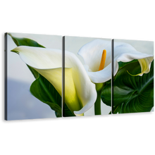 Load image into Gallery viewer, Arum Lily Canvas Wall Art, Zantedeschia Aethiopica Green Leaves Triptych Canvas Print, White Calla Lily Flowers 3 Piece Canvas Set
