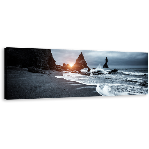 Atlantic Ocean Canvas Wall Art, Black Grey Reynisfjara Beach 1 Piece Canvas, Beach Scenic Canvas Artwork