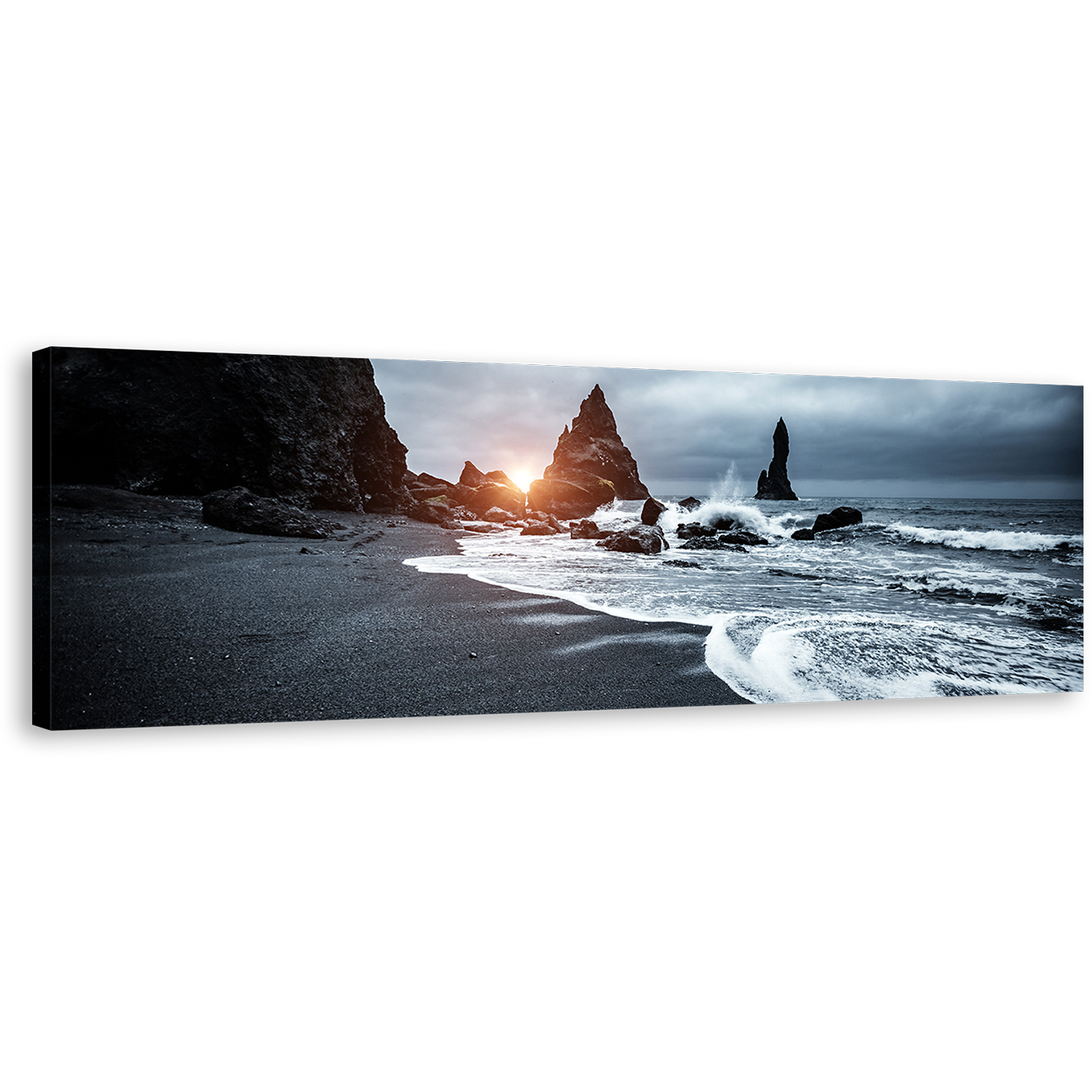 Atlantic Ocean Canvas Wall Art, Black Grey Reynisfjara Beach 1 Piece Canvas, Beach Scenic Canvas Artwork