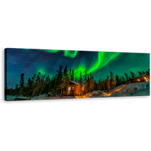 Load image into Gallery viewer, Aurora Borealis Canvas Wall Art, Green Aurora House Trees Wide Canvas, Yellowknife Canada Blue Starry Sky Panoramic Canvas Print
