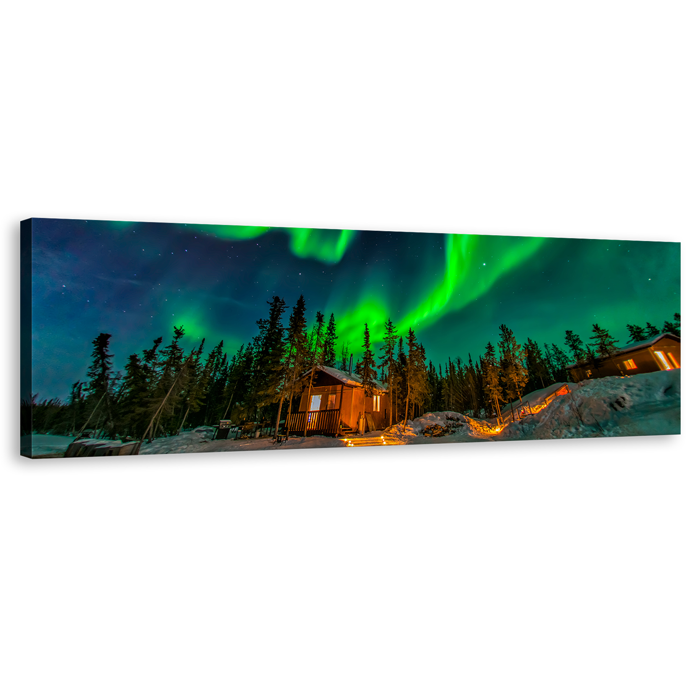 Aurora Borealis Canvas Wall Art, Green Aurora House Trees Wide Canvas, Yellowknife Canada Blue Starry Sky Panoramic Canvas Print