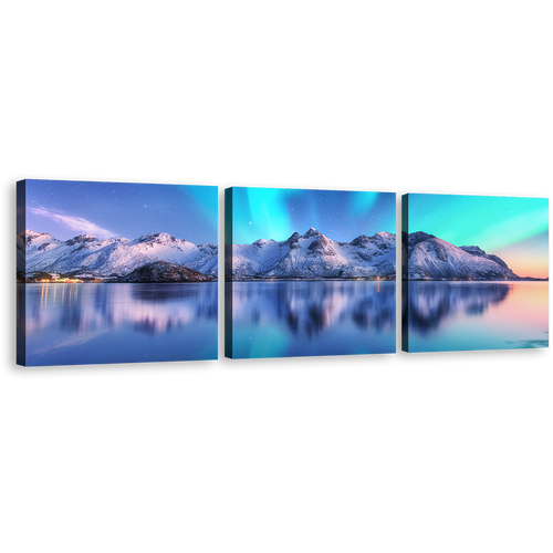 Aurora Borealis Canvas Wall Art, Northern Lights White Mountain Ocean Multiple Canvas, Blue Sky Lofoten Islands Sea 3 Piece Canvas Print