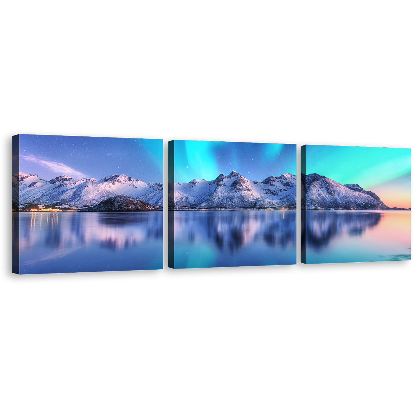 Aurora Borealis Canvas Wall Art, Northern Lights White Mountain Ocean Multiple Canvas, Blue Sky Lofoten Islands Sea 3 Piece Canvas Print