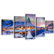 Load image into Gallery viewer, Aurora Borealis Wall Art, Yellow Lights Lofoten Islannd 5 Piece Canvas Multi-panel Print, Blue Snowy Mountain Canvas Set
