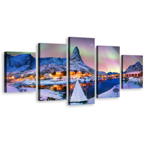 Aurora Borealis Wall Art, Yellow Lights Lofoten Islannd 5 Piece Canvas Multi-panel Print, Blue Snowy Mountain Canvas Set