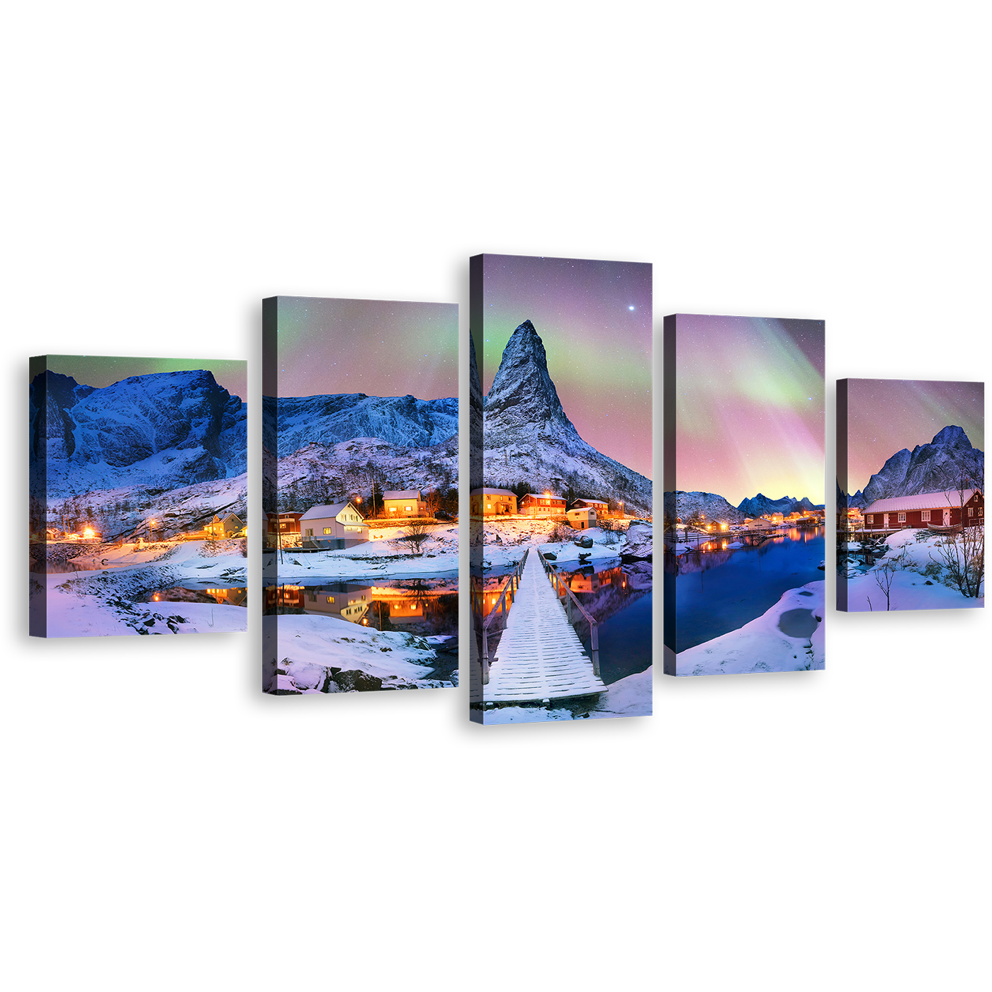 Aurora Borealis Wall Art, Yellow Lights Lofoten Islannd 5 Piece Canvas Multi-panel Print, Blue Snowy Mountain Canvas Set