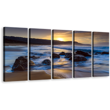 Load image into Gallery viewer, Australia Beach Canvas Wall Art, Killcare Beach in Central Coast 5 Piece Canvas, Yellow Sunset Ocean Rocks Canvas Print, Beautiful Blue Ocean Multi Canvas
