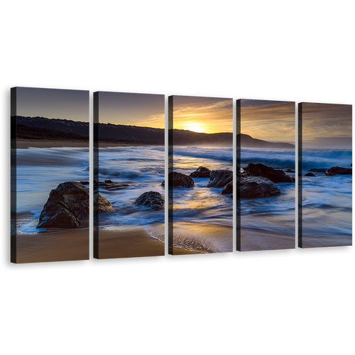 Australia Beach Canvas Wall Art, Killcare Beach in Central Coast 5 Piece Canvas, Yellow Sunset Ocean Rocks Canvas Print, Beautiful Blue Ocean Multi Canvas