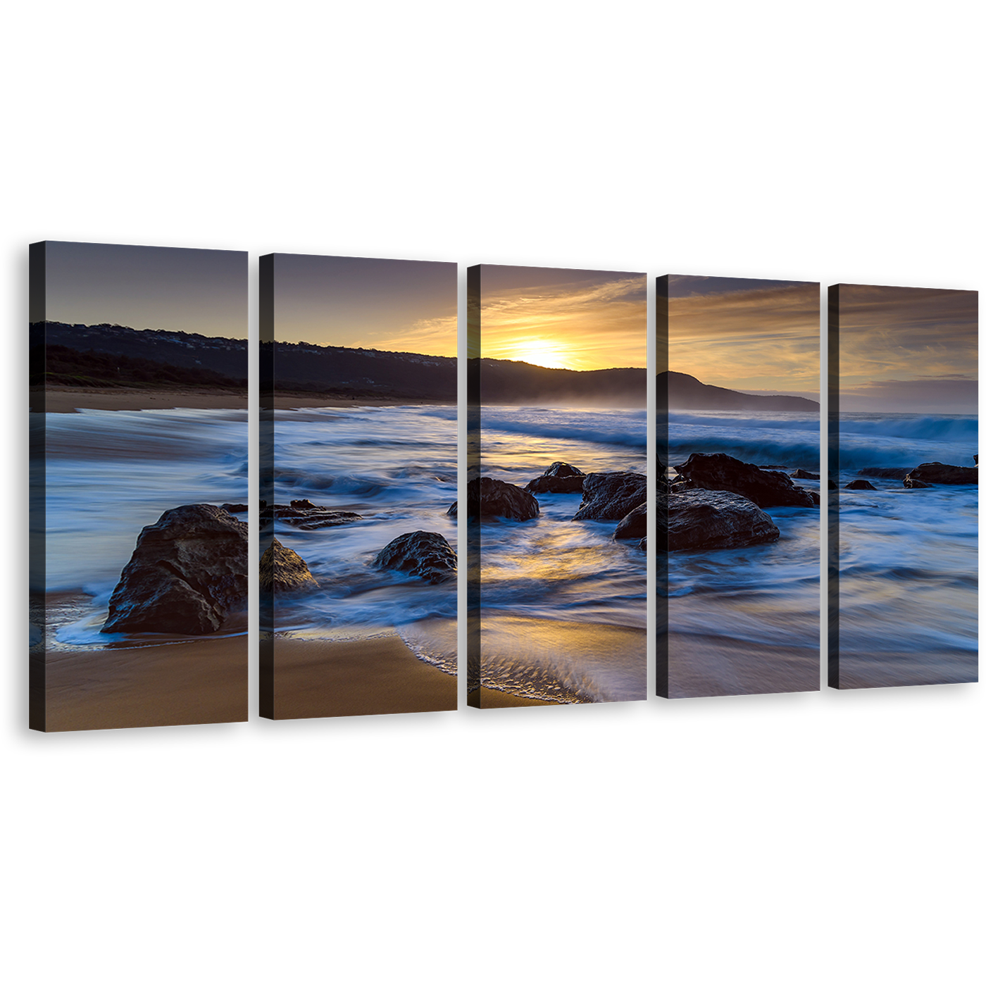 Australia Beach Canvas Wall Art, Killcare Beach in Central Coast 5 Piece Canvas, Yellow Sunset Ocean Rocks Canvas Print, Beautiful Blue Ocean Multi Canvas