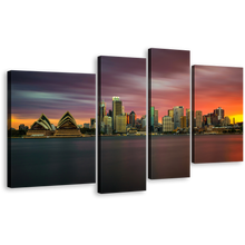 Load image into Gallery viewer, Australia Cityscape Canvas Wall Art, Sydney Green Opera House 4 Piece Multiple Canvas, Orange Sunset City Skyline Canvas Print
