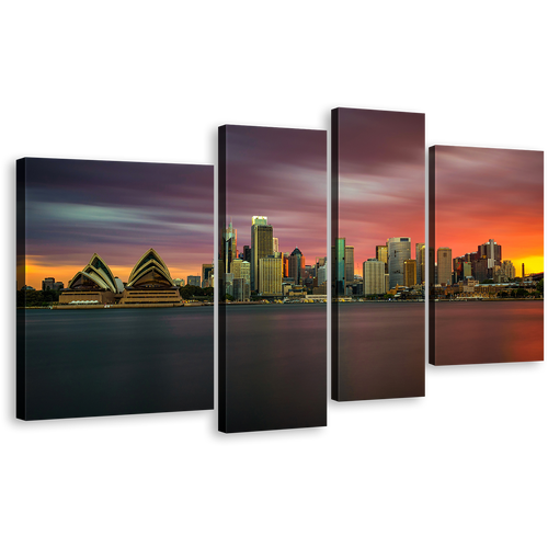 Australia Cityscape Canvas Wall Art, Sydney Green Opera House 4 Piece Multiple Canvas, Orange Sunset City Skyline Canvas Print