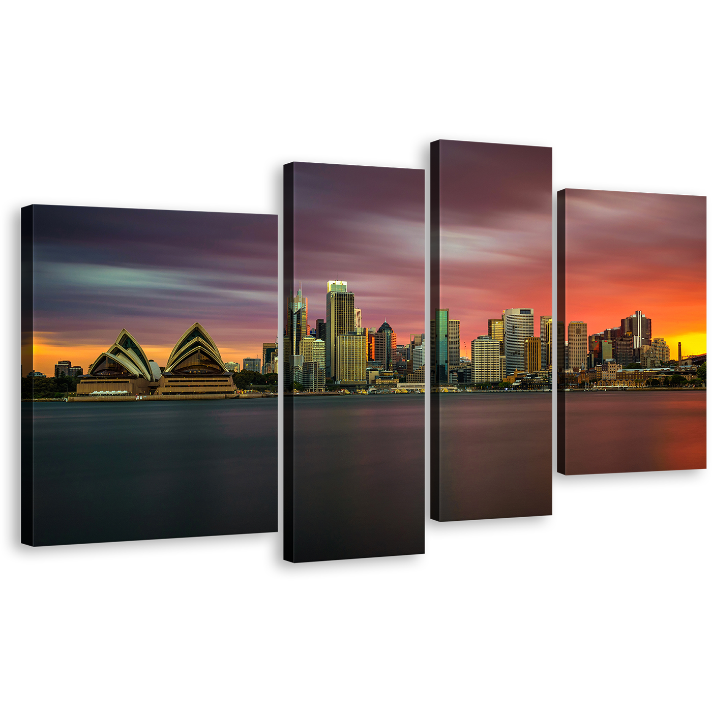 Australia Cityscape Canvas Wall Art, Sydney Green Opera House 4 Piece Multiple Canvas, Orange Sunset City Skyline Canvas Print