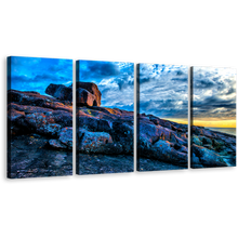 Load image into Gallery viewer, Australia Ocean Canvas Wall Art, Blue Sky Ocean Rocks 4 Piece Multi Canvas Artwork, Merimbula Yellow Sky Ocean Canvas Print
