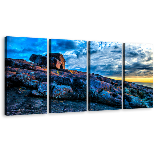 Australia Ocean Canvas Wall Art, Blue Sky Ocean Rocks 4 Piece Multi Canvas Artwork, Merimbula Yellow Sky Ocean Canvas Print