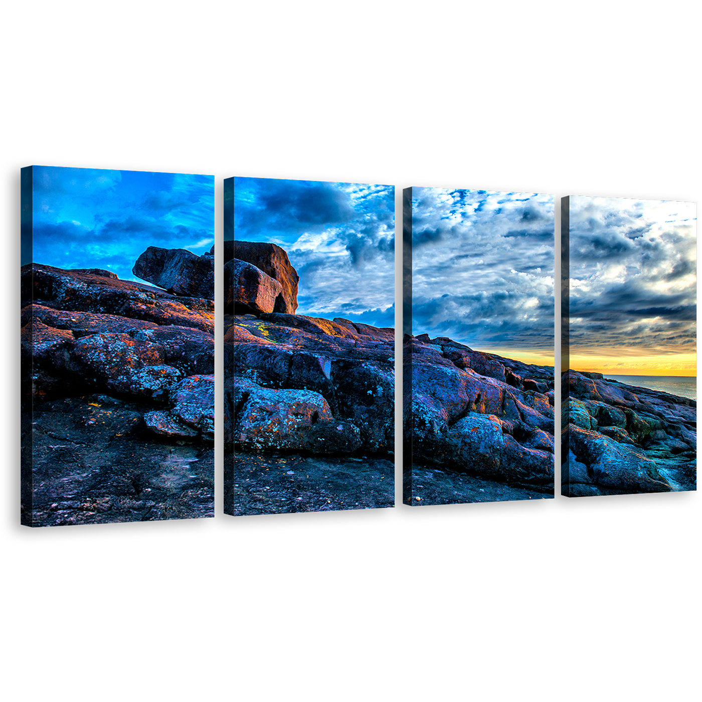 Australia Ocean Canvas Wall Art, Blue Sky Ocean Rocks 4 Piece Multi Canvas Artwork, Merimbula Yellow Sky Ocean Canvas Print