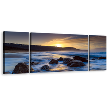 Load image into Gallery viewer, Australia Ocean Canvas Wall Art, Killcare Beach Blue Ocean 3 Piece Canvas Print, Yellow Sunset Ocean Rocks Triptych Multiple Canvas
