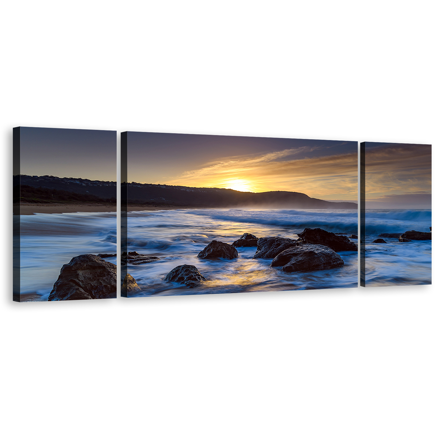 Australia Ocean Canvas Wall Art, Killcare Beach Blue Ocean 3 Piece Canvas Print, Yellow Sunset Ocean Rocks Triptych Multiple Canvas