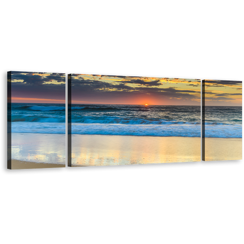 Australia Ocean Canvas Wall Art, Yellow Cloudy Sky Ocean Canvas Print, Central Coast Blue Ocean Waves 3 Piece Canvas Set