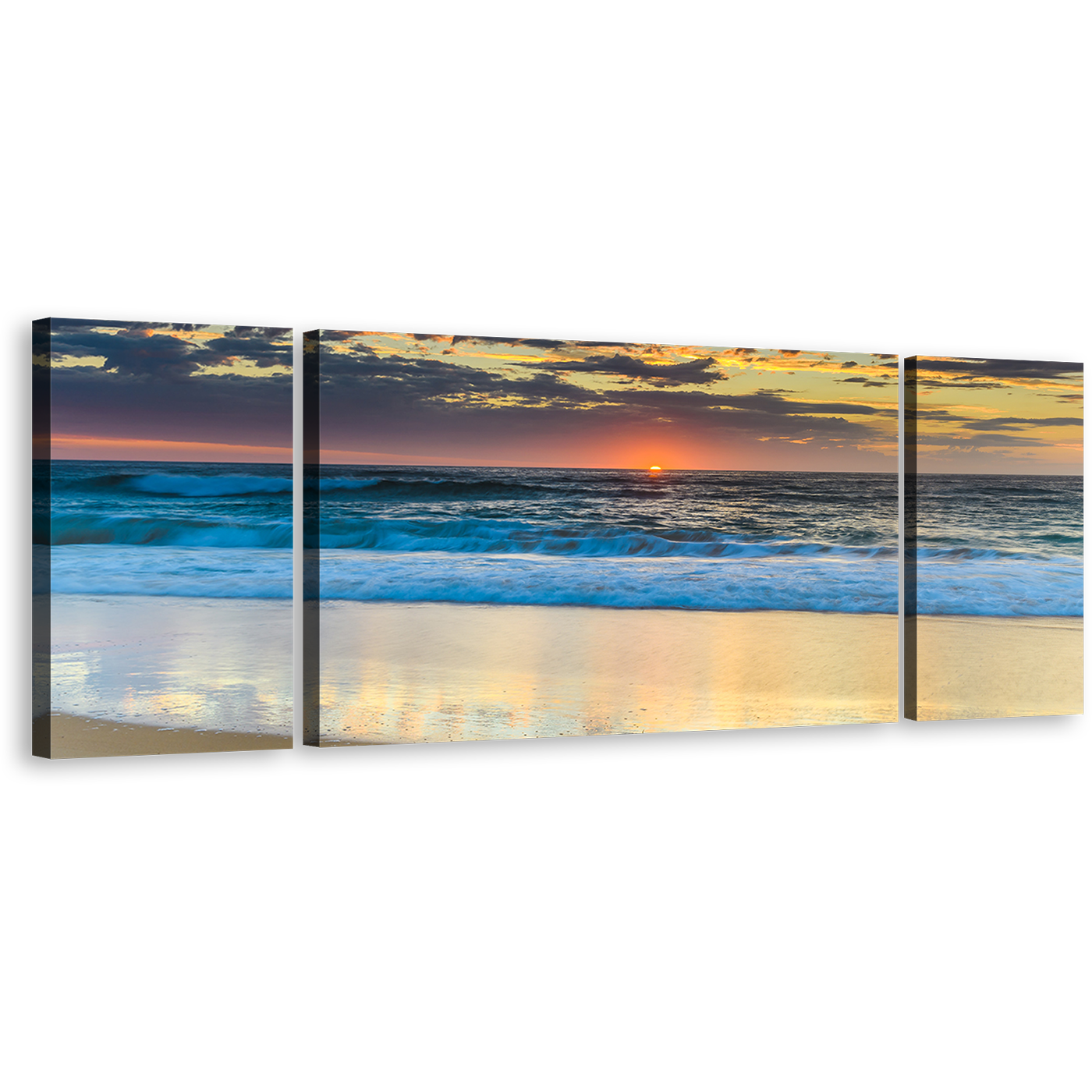 Australia Ocean Canvas Wall Art, Yellow Cloudy Sky Ocean Canvas Print, Central Coast Blue Ocean Waves 3 Piece Canvas Set