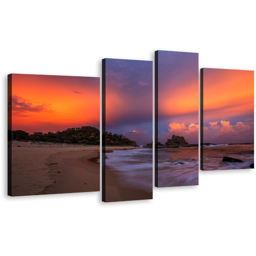 Australia Sea Canvas Wall Art, Brown Wellington Beach Multiple Canvas, Nambucca Heads Orange Sky Ocean 4 Piece Canvas Print