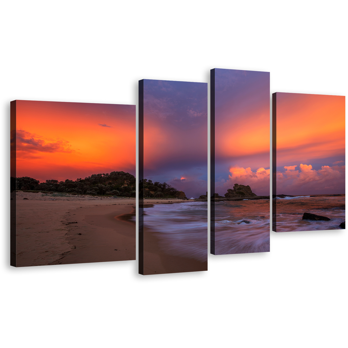 Australia Sea Canvas Wall Art, Brown Wellington Beach Multiple Canvas, Nambucca Heads Orange Sky Ocean 4 Piece Canvas Print