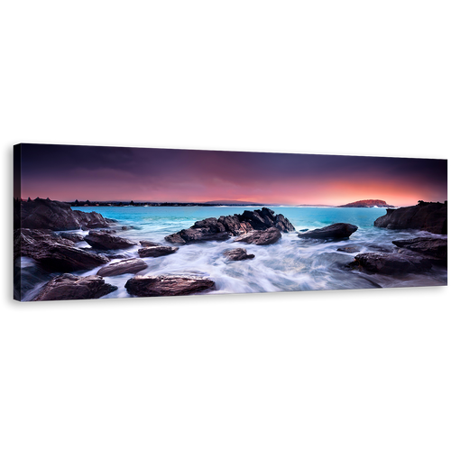 Australian Beach Wall Art, Australian Brown Sea Boulders Canvas Print, Blue Ocean Rocks Panoramic Canvas Art